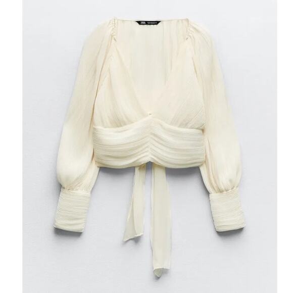 Zara Pleated Crepe Blouse Crop Top Tie Bow Back - Picture 1 of 10